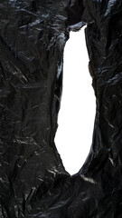 Torn crumpled black plastic with ripped hole isolated on transparent background
