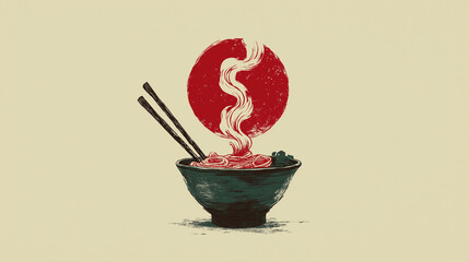Vintage - Style Ramen Bowl Illustration, Japanese Noodle Art