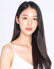 Naklejka premium 日本人, 超リアル, 美しい若い女性, 長い黒髪, 自然なメイク, 白いキャミソール, 肌が輝くクローズアップ, 柔らかなライティング, 美容広告風, スタジオ背景（白）, 高解像度 Japanese, ultra-realistic, beautiful young woman, long black hair, natural makeup