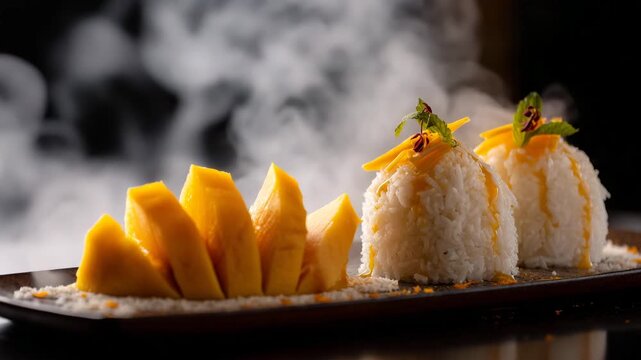 Close up of mango sticky rice dessert on dark background with steam. Ripe mango slices and three mounds of coconut rice drizzled with sauce are featured. Garnish includes shredded coconut and mint.
