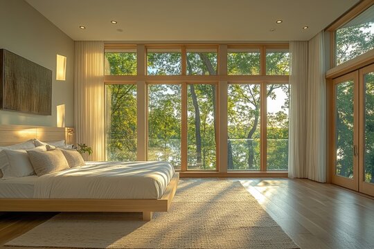 Illustration of a modern bedroom with large French windows, designed with advanced technology and creating a peaceful and stylish living space, Generative AI
