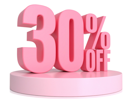  Pink 3D 30% OFF Text Standing on Round Pedestal Isolated Transparent Background PNG