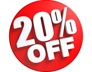 Red 3D Circular Offer Sticker with 20% OFF Text in White Transparent Background PNG.