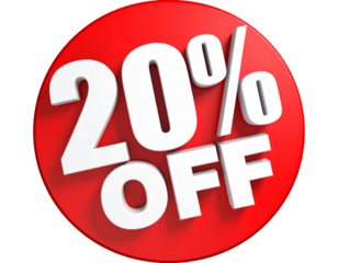 Red 3D Circular Offer Sticker with 20% OFF Text in White Transparent Background PNG.