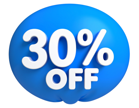 Playful Blue Balloon Style 3D Sticker with “30% OFF” Text Transparent Background PNG