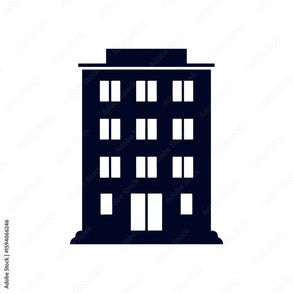 Poster sleek silhouette of a modern office building with multiple floors and windows against a plain white 
