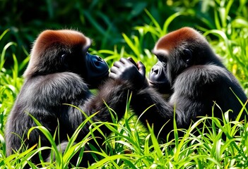 Two playful gorillas reach for each other amidst vibrant green grass in sunlight,  animals,  playful gorillas