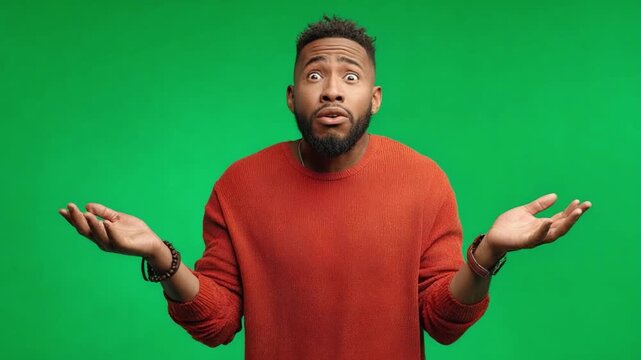 Expression of bewilderment: A man stands with open palms and wide eyes against a vibrant green background, embodying the feeling of confusion and perplexity in a moment of expressive portraiture.