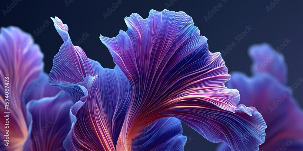 Aufkleber futuristic abstract 3d rendered purple and blue wave shape with fluid cloth motion on black backgrou