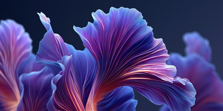 Futuristic abstract 3D rendered purple and blue wave shape with fluid cloth motion on black background featuring gradient color transition from light to dark