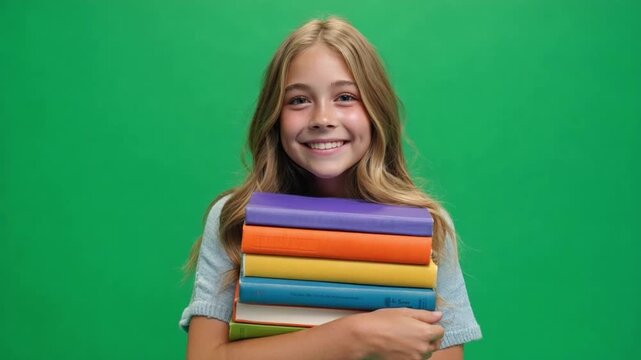 Cheerful student holding books: A young student, radiating happiness, clutches a stack of colorful books against a bright green backdrop. Capturing joy of learning.