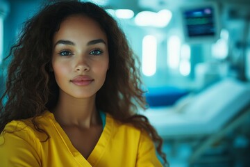 Portrait of a young woman director in a hospital room, demonstrating leadership and expertise in a healthcare setting, Generative AI