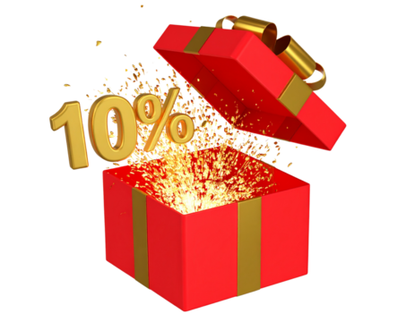 Surprise Red Gift Box with Golden Ribbon and 10% OFF Tag Bursting Out, 3D Render Isolated Transparent Background PNG.