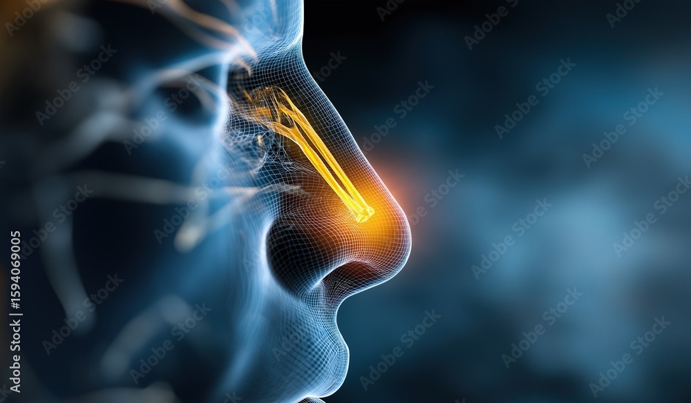 Poster close-up 3d rendering of human nose anatomy with glowing yellow and orange internal lines on dark bl