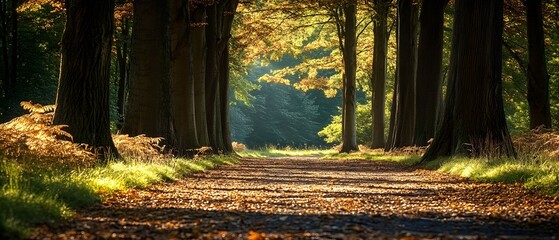 Autumn woods, path, giant trees scene.