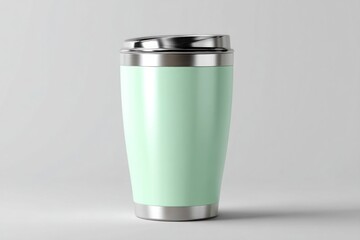 Stainless steel tumbler with pastel mint green finish, blank mockup style, glossy silver lid