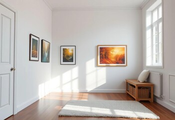 Fototapeta premium White walls, wooden floor, plush rug, storage bench, framed prints, natural light, design, toys