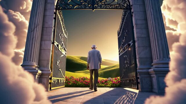 Elderly man walking to heaven gates in cloudy sky