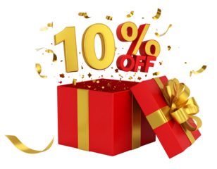  3D Red Gift Box with Golden Ribbon Exploding Open and 10% OFF Floating Text Isolated Transparent Background PNG