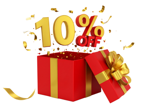  3D Red Gift Box with Golden Ribbon Exploding Open and 10% OFF Floating Text Isolated Transparent Background PNG