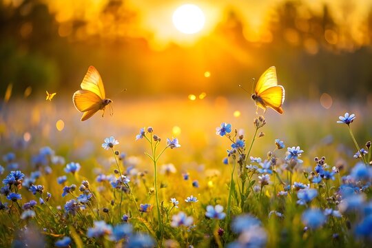 Two yellow butterflies fly in a field of flowers