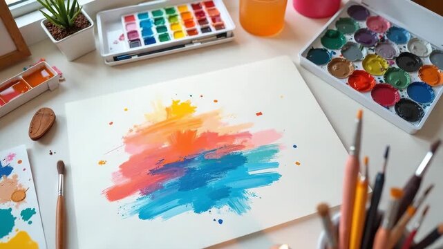 Artistic watercolor painting displays vibrant colors and creative artwork, depicting a camera's slow circle around object during art project.