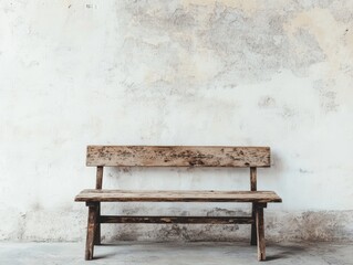 Photo of an aged wooden bench against a white, textured wall