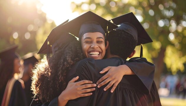 Graduation embrace. Three diverse graduates hug warmly, celebrating their achievement outdoors. Sunlight highlights their joy