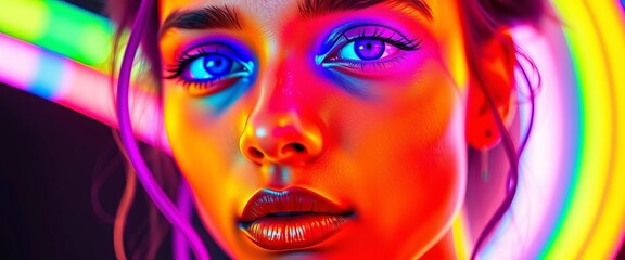 Obraz premium Vibrant neon portrait, glowing features, colorful light, abstract style, ai, illumination