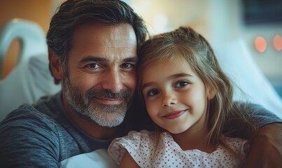 Father and daughter visiting the mother in the hospital after surgery, offering emotional support to the patient during her recovery and emphasizing the importance of family care, Generative AI