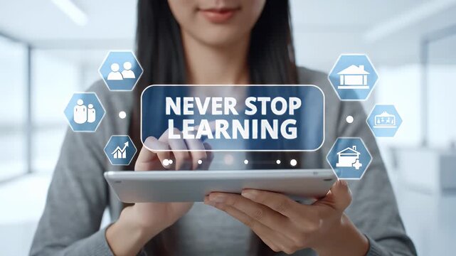 Young Woman Holding Tablet Displaying Never Stop Learning Text with Educational Icons in a Bright Room