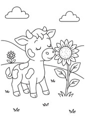 Coloring book calf admiring a sunflower in a peaceful meadow.