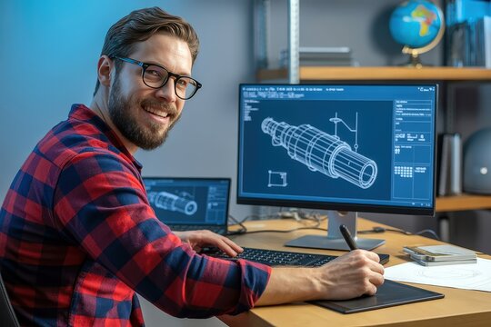 Smiling engineer uses a graphics tablet to design a 3d model on his computer - Powered by Adobe