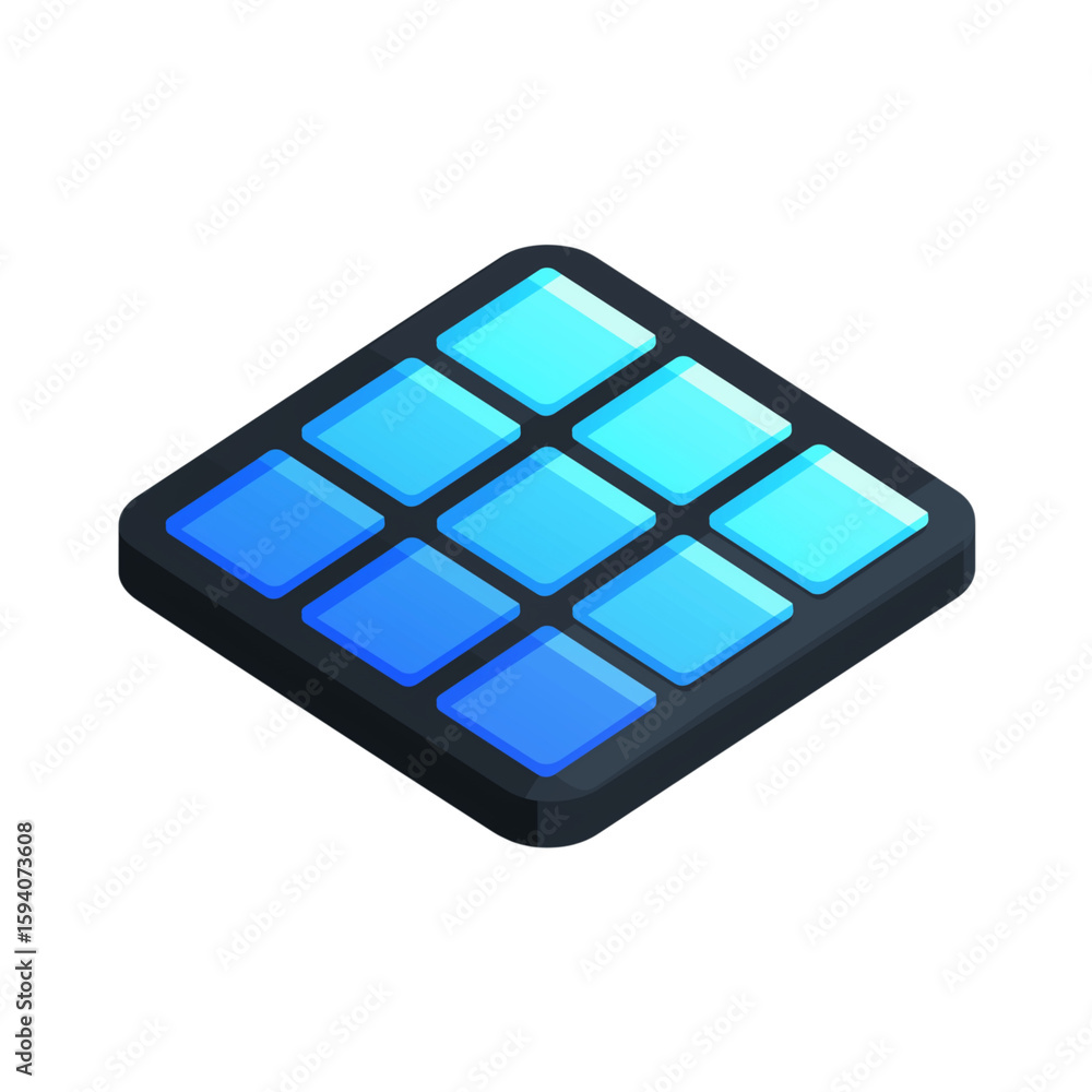 Poster abstract geometric shape with glowing blue squares on a dark surface isolated on transparent backgro