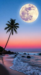 A tranquil beach scene with a leaning palm tree silhouetted against a vibrant sunset sky and a large, luminous moon. Waves gently lap the sandy shore.