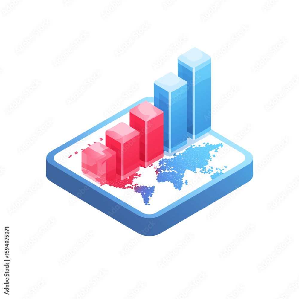 Poster global business growth chart with rising bars and world map isolated on transparent background