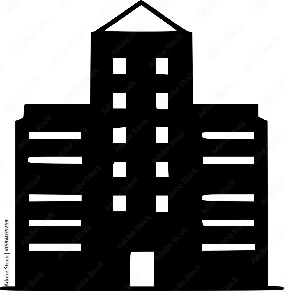 Poster silhouette of a multi-story building with windows and a triangular rooftop.