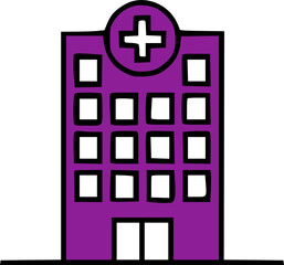 Obraz premium A purple cartoon hospital building with a medical cross on top, featuring multiple windows and a double door entrance.