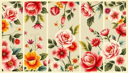 Vintage floral seamless patterns, vibrant blooms in geometric frames Spring nature background, wallpaper prints, geometric, flower