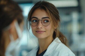 Fototapeta premium Close-up of a young pharmaceutical sales representative explaining medication to a doctor in a hospital, providing valuable information and promoting effective healthcare solutions, Generative AI