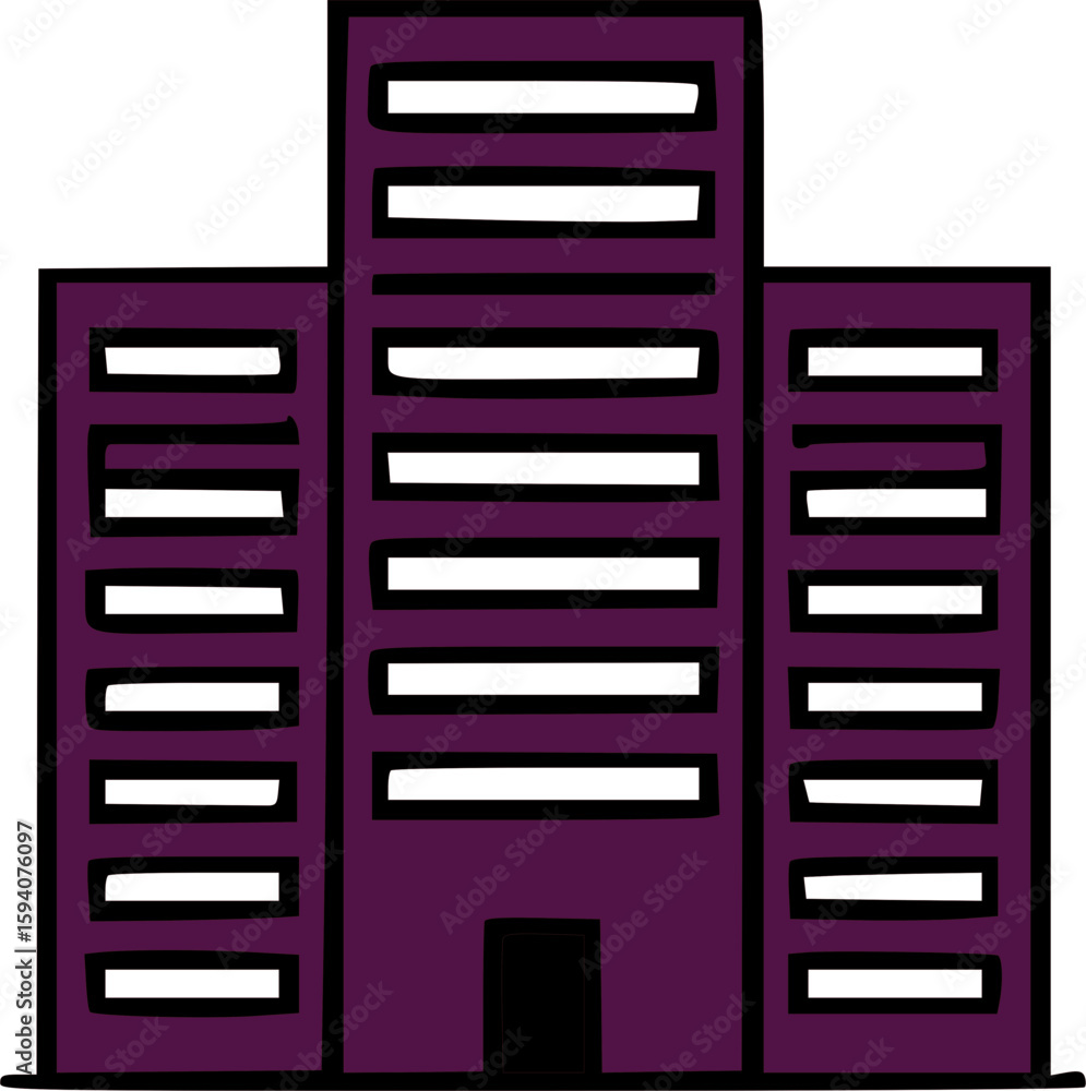 Poster simple graphic illustration of a purple multi-story building with multiple windows and a central ent