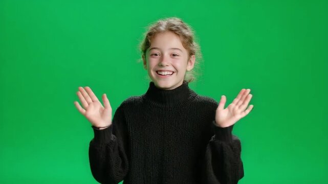 Joyful Surprise: A young person with radiant smile and outstretched arms, set against a vivid green backdrop, embodies a sense of exuberant excitement and anticipation.