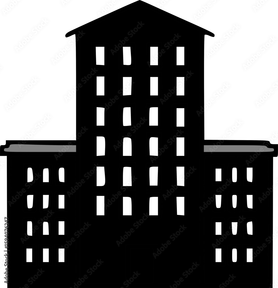 Poster silhouette illustration of a tall building with multiple floors and windows.