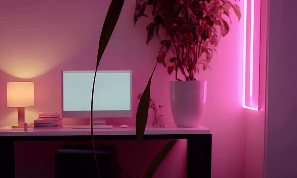 
 A pink neon light next to an with a plain white computer screen on the desk, 