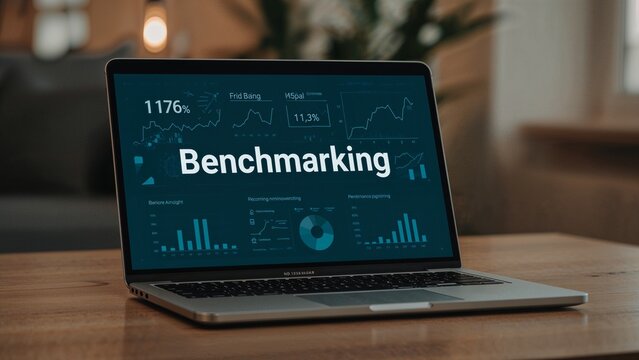 Laptop screen displaying benchmarking data with graphs and charts.