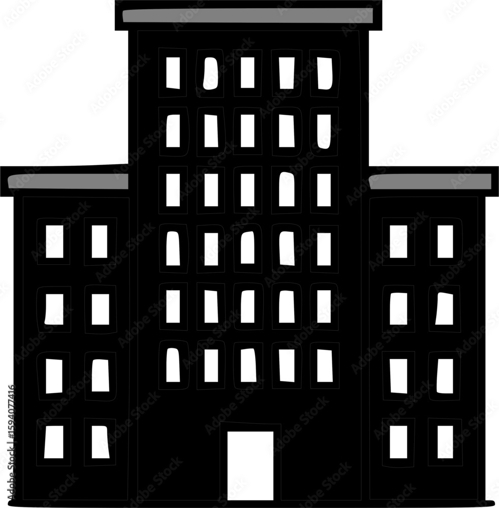 Poster a simple illustration of a tall, dark building with multiple floors and windows.