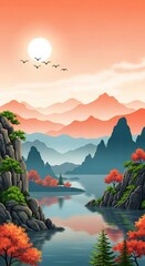 Serene landscape featuring mountains, a lake reflecting the sky, trees with red leaves, and birds flying under a bright sun.