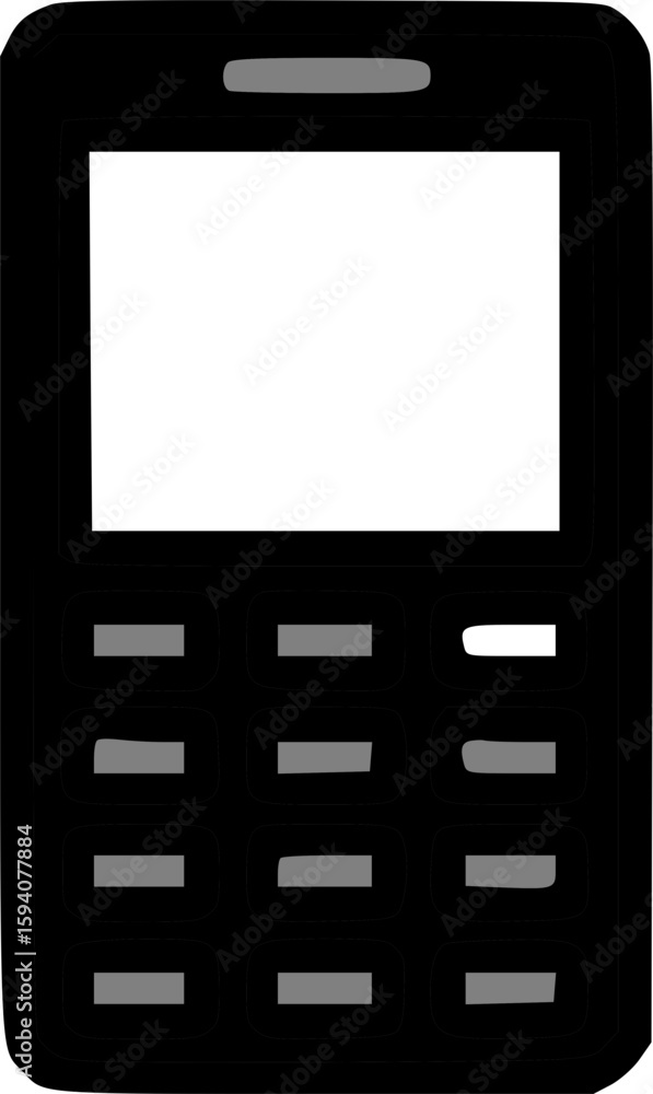 Poster simple black cellphone illustration with blank screen and numeric keypad.