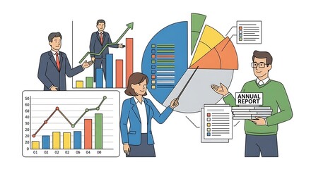 Businesspeople presenting financial data and an annual report.