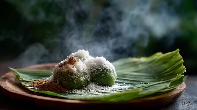 Steaming green coconut dessert balls on banana leaf, sprinkled with white coconut flakes and brown sugar. Dark background, close up shot.